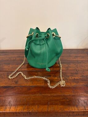 Anna Paola Aloe Green bucket Drawstring Leather Crossbody Bag with Gold Chain